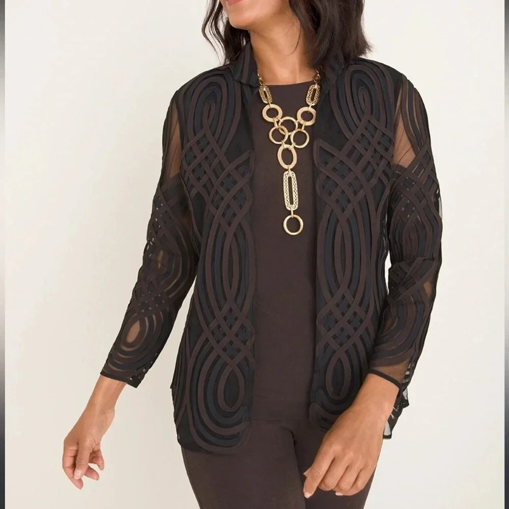 Chico’s travelers Neutral Swirl strip jacket brown navy size 1 8/10 NWT